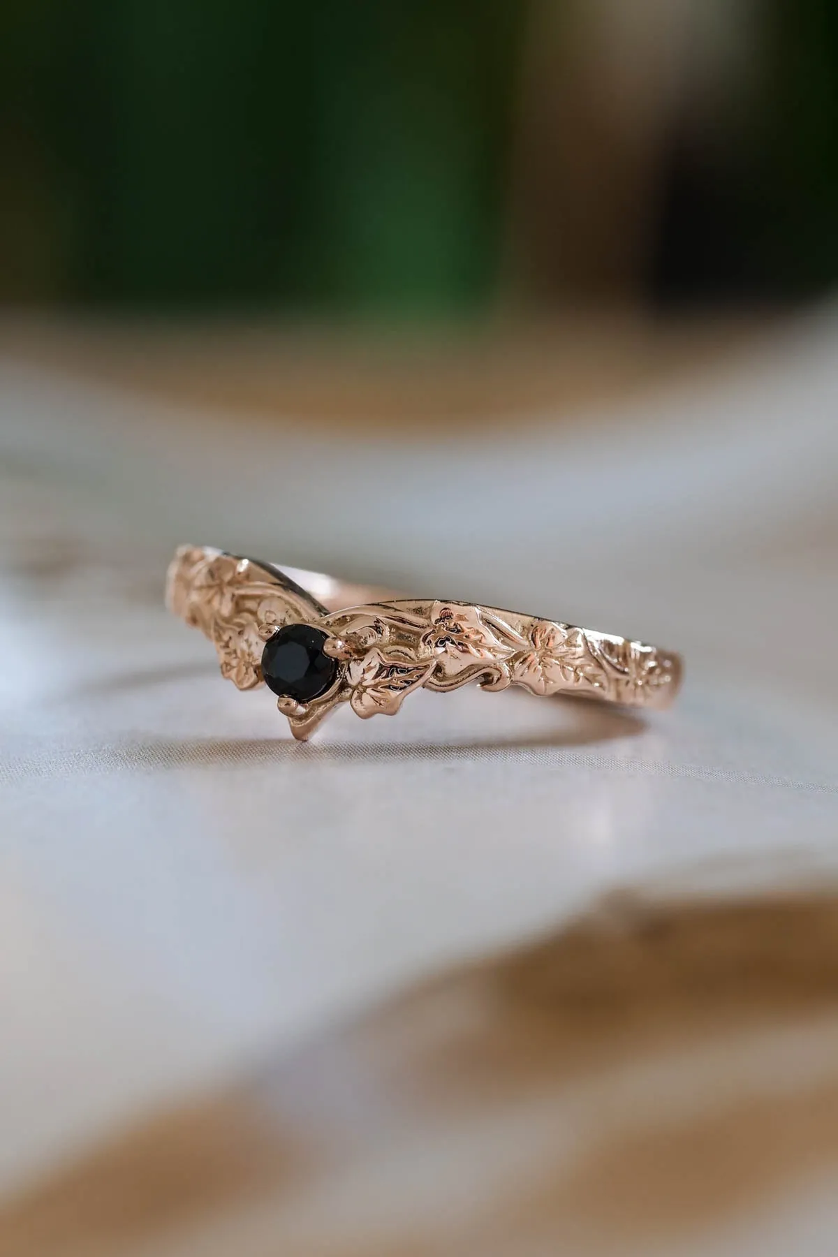 READY TO SHIP: Wedding band in 14K rose gold, natural black diamond, RING SIZE 7.75 US