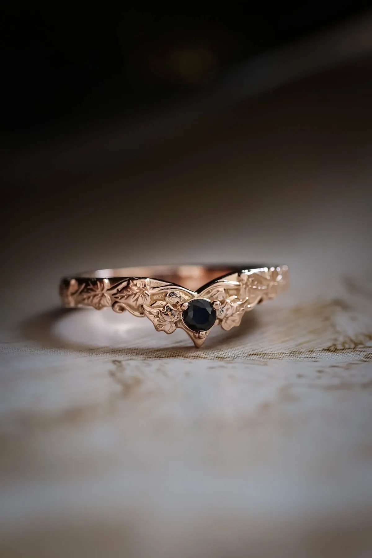 READY TO SHIP: Wedding band in 14K rose gold, natural black diamond, RING SIZE 7.75 US