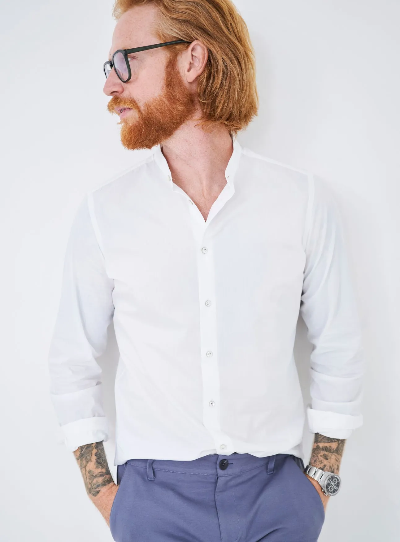 Regenerative Cotton Poplin White Nehru Shirt