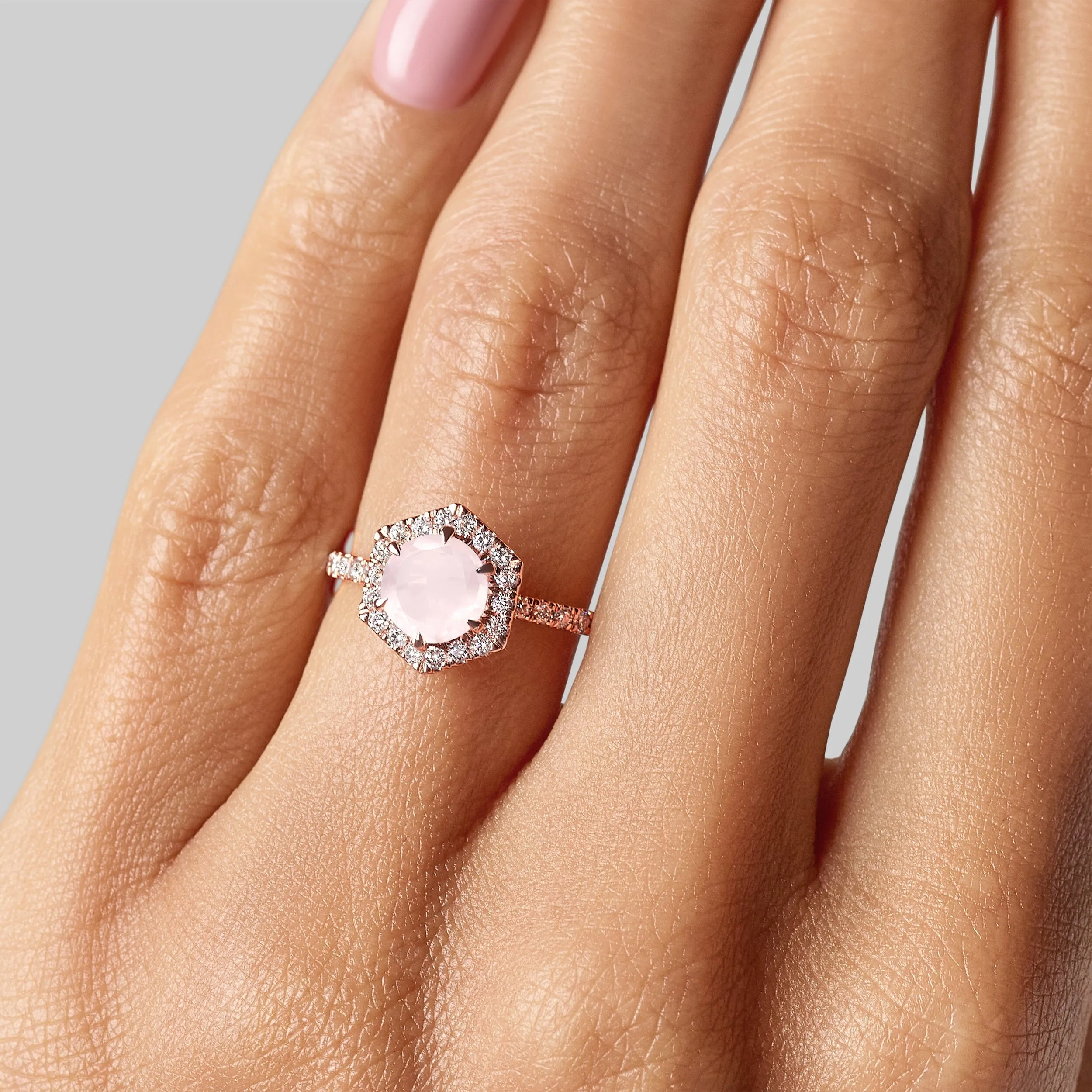 Rose Quartz Diamond Ring - My Eternal Round Halo Pavé