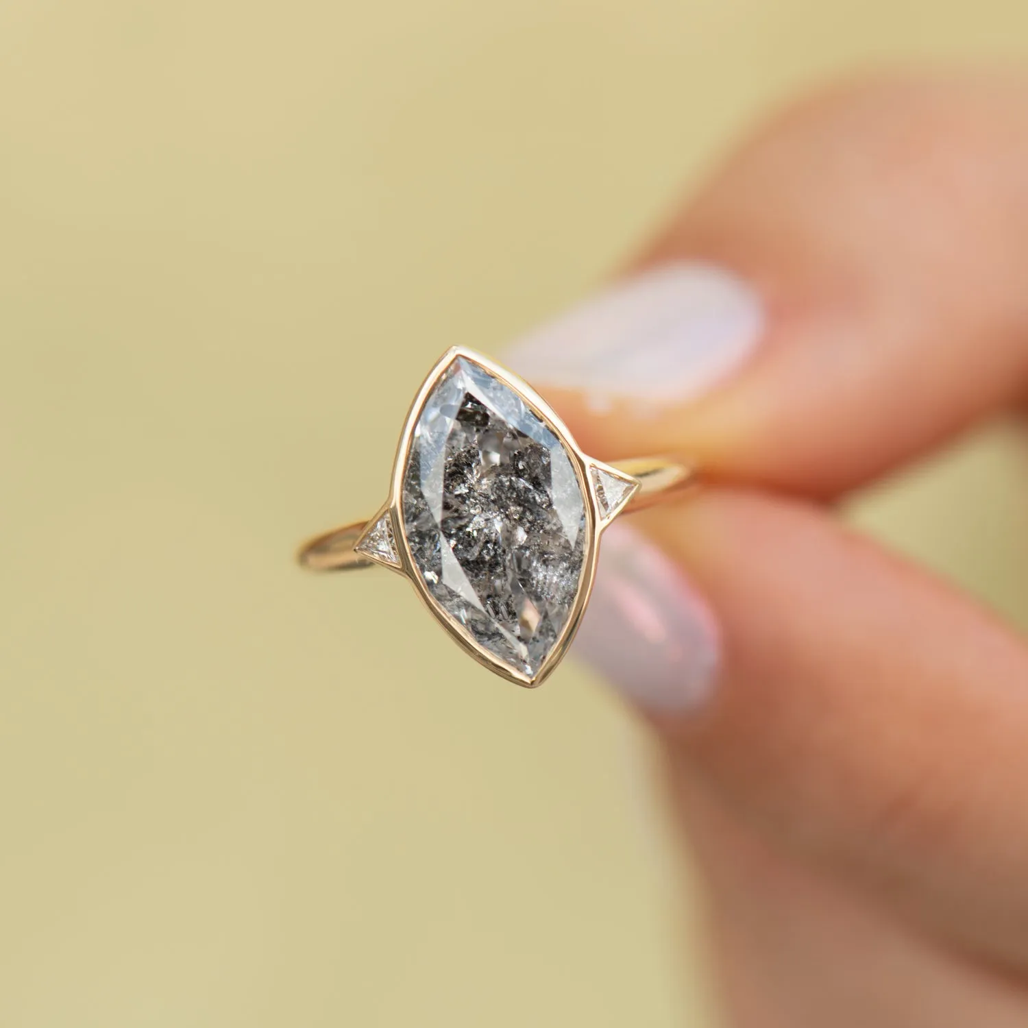 Salt and Pepper Engagement Ring with a 3 Carat Marquise Diamond - OOAK