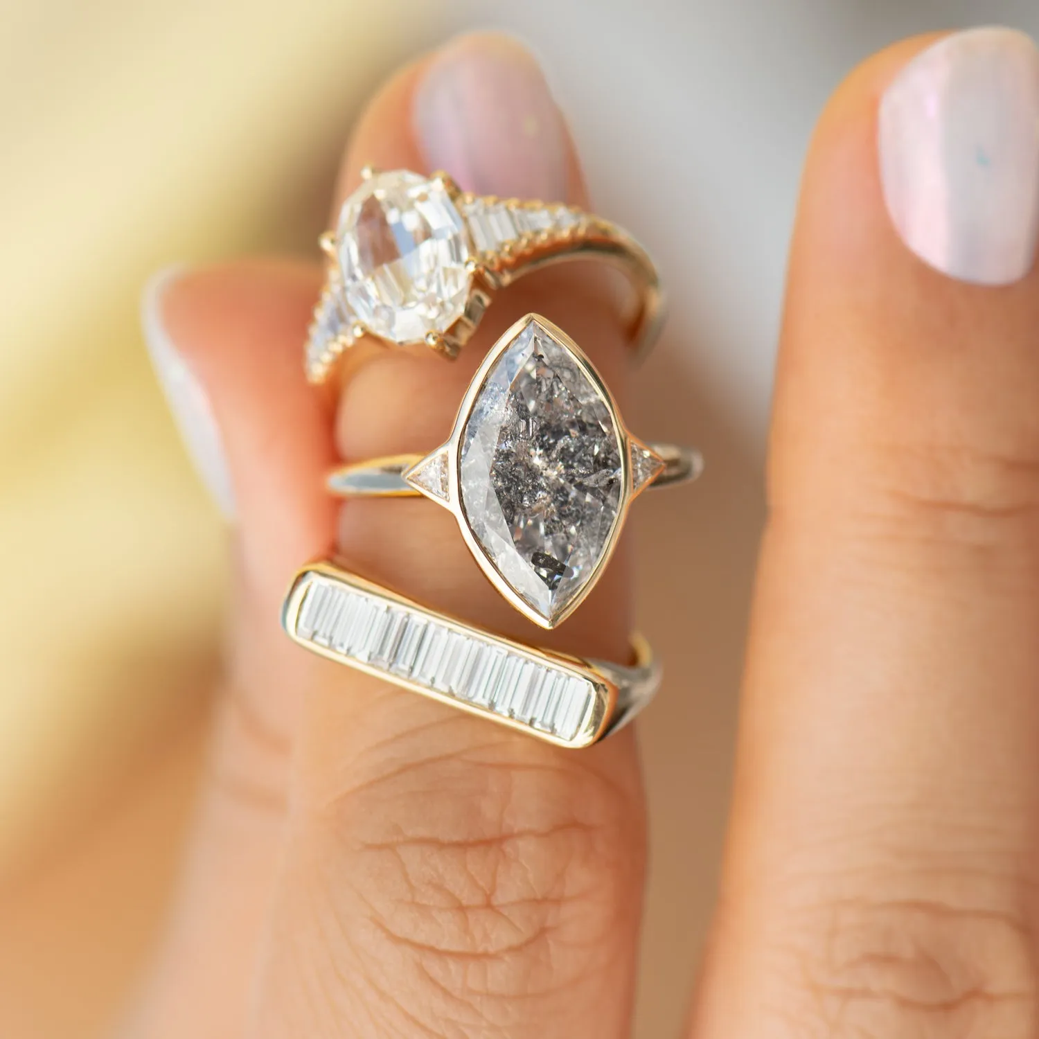 Salt and Pepper Engagement Ring with a 3 Carat Marquise Diamond - OOAK