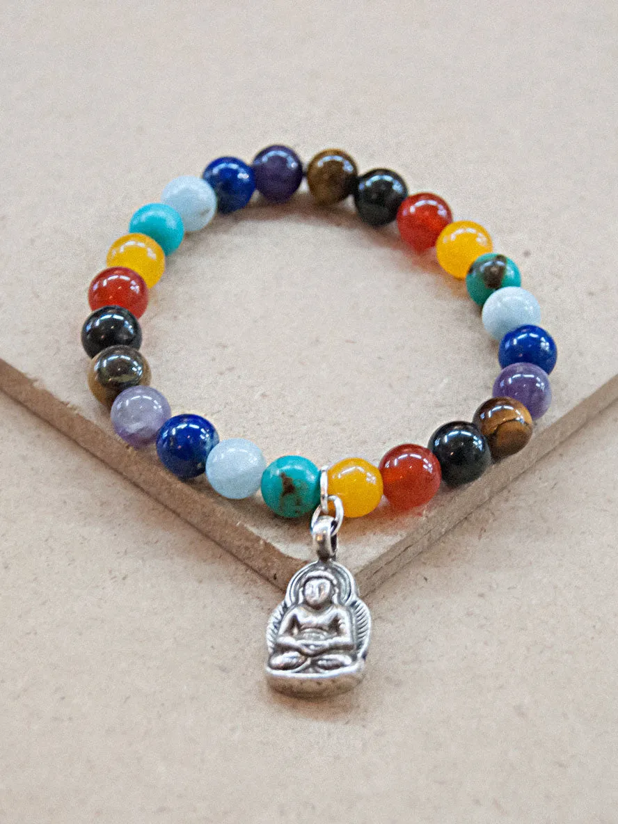 Seven Chakras Mala Bracelet with Silver Buddha Charm