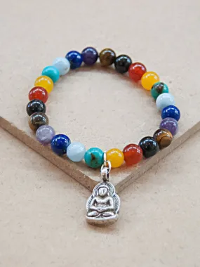 Seven Chakras Mala Bracelet with Silver Buddha Charm