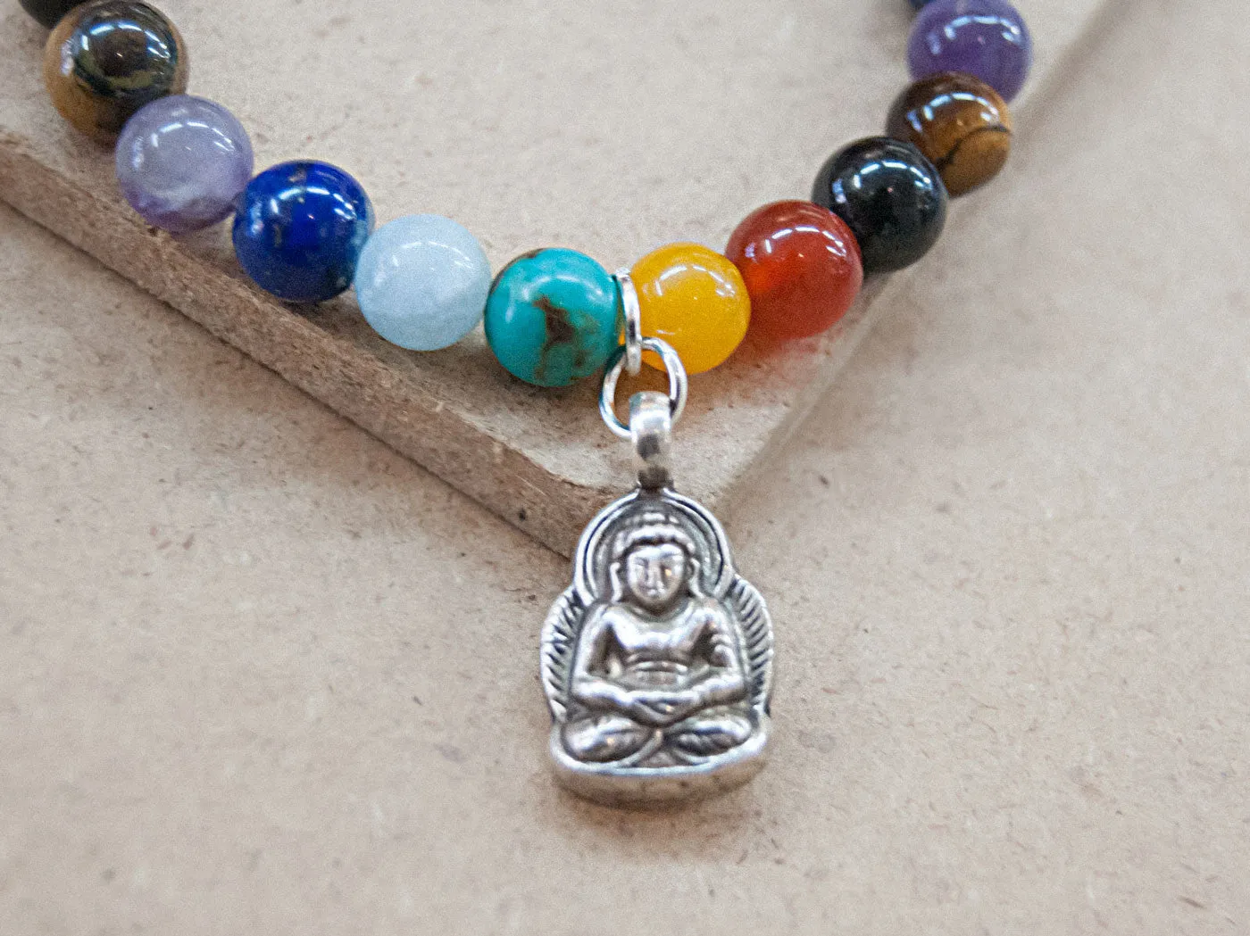 Seven Chakras Mala Bracelet with Silver Buddha Charm