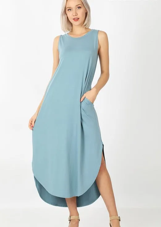 Side Slit Maxi Dress With Pockets- Blue Grey