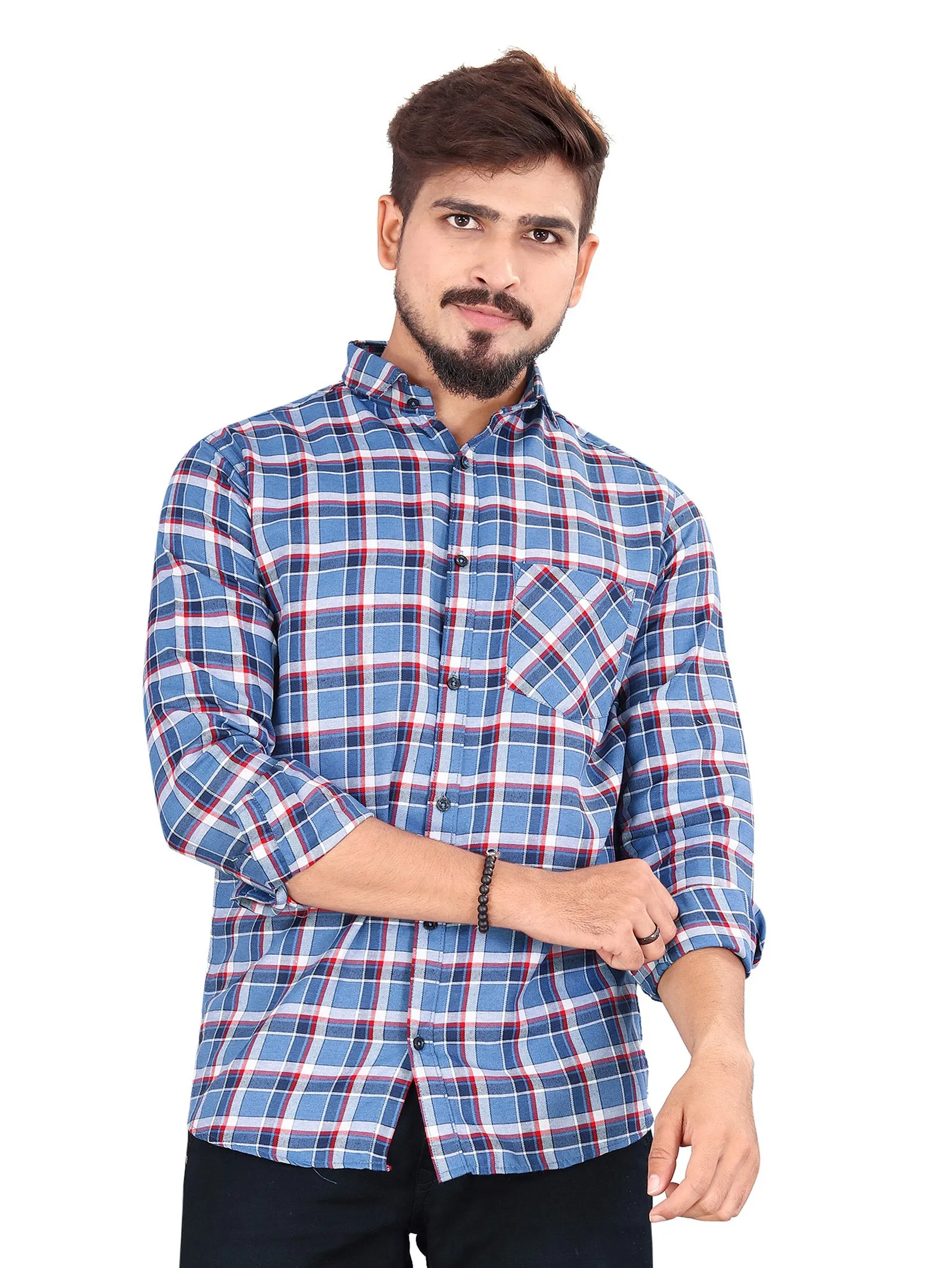 Sky Blue and Red Gingham Checked Shirt