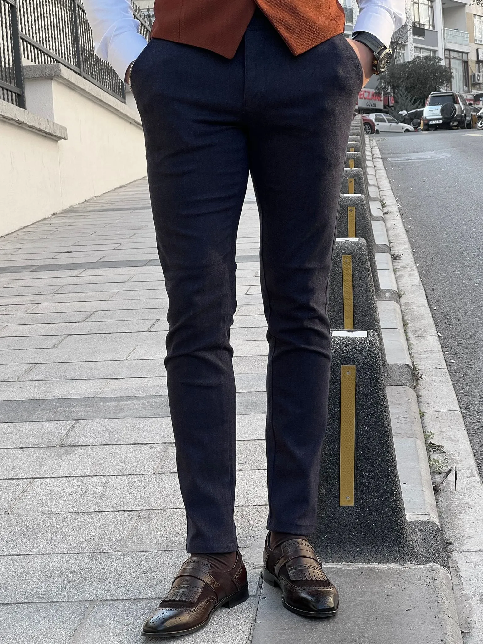 Slim-fit Self Patterned Navy Blue Cotton Pants