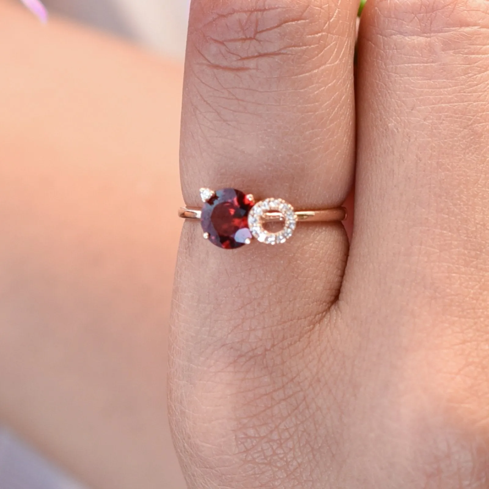 Stacked Diamond and Garnet Solitaire Cocktail Ring