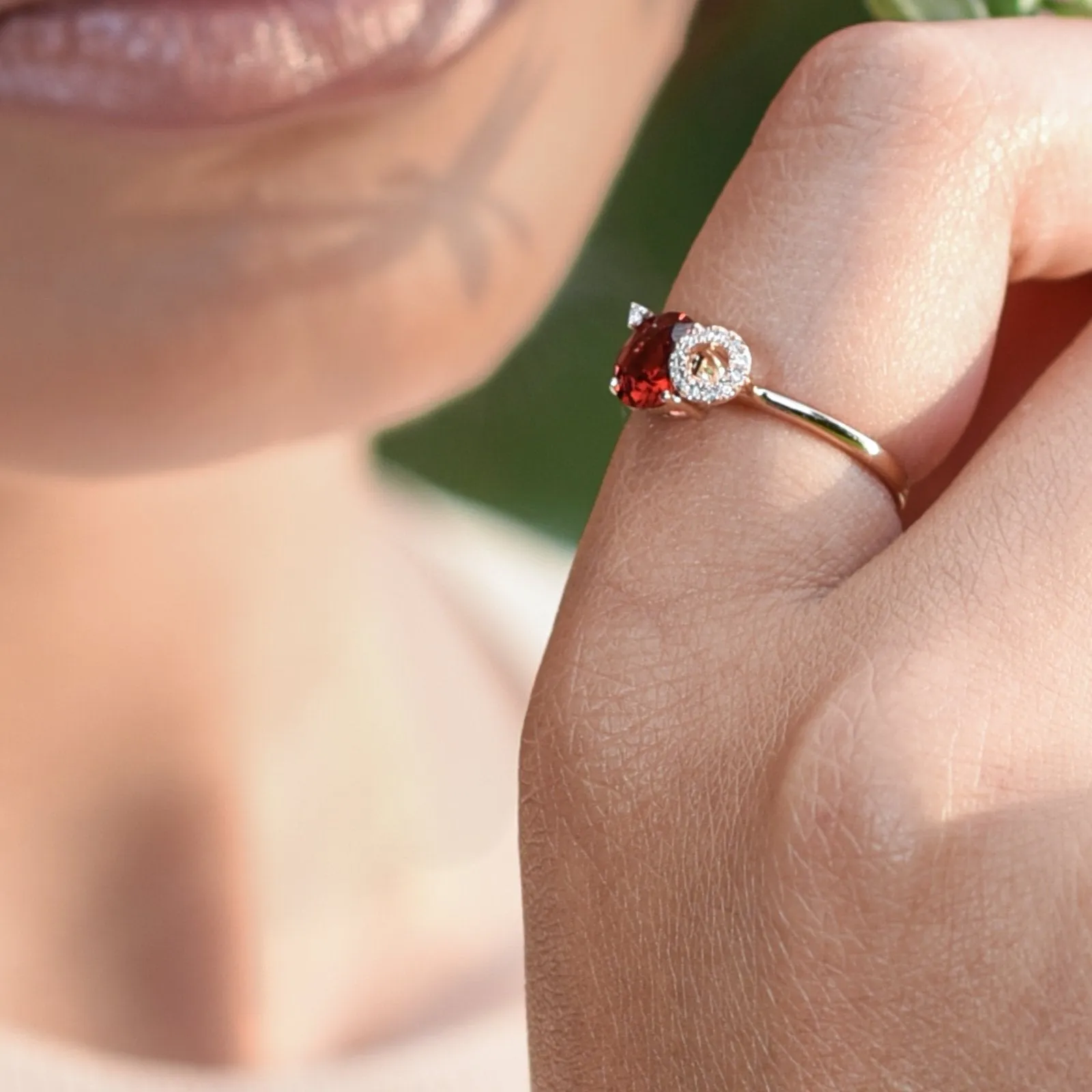 Stacked Diamond and Garnet Solitaire Cocktail Ring