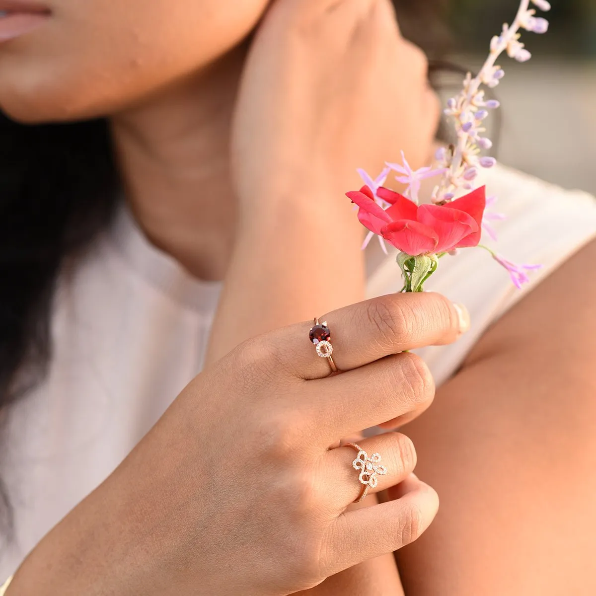 Stacked Diamond and Garnet Solitaire Cocktail Ring