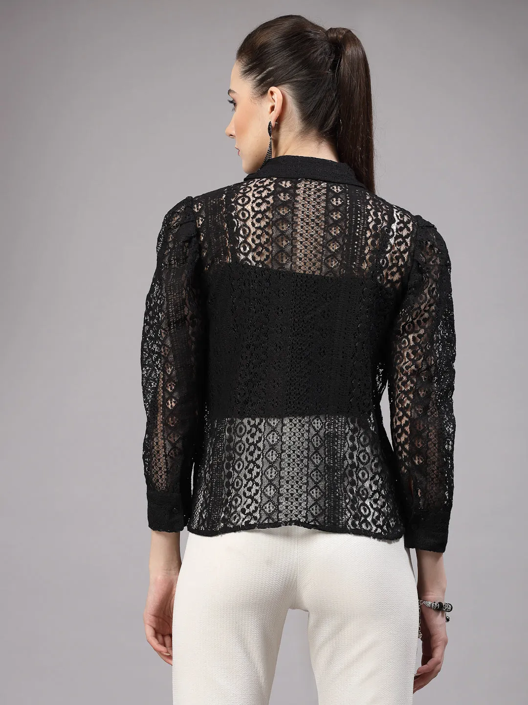 Style Quotient Women Black Lace Power Sleeve Smart Shirt