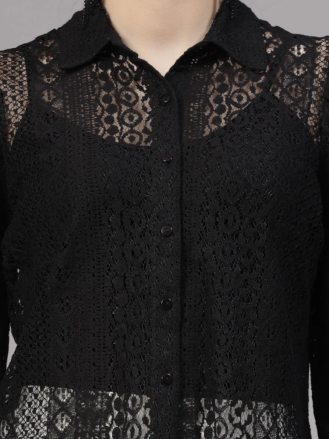 Style Quotient Women Black Lace Power Sleeve Smart Shirt