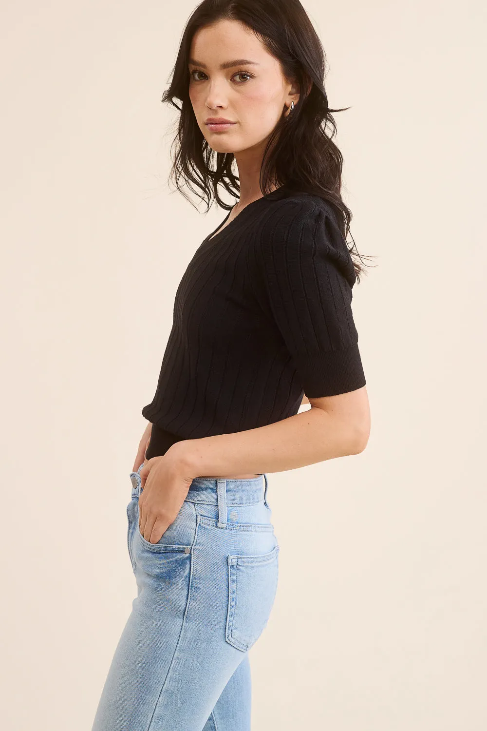 Textured Black V-Neck Top