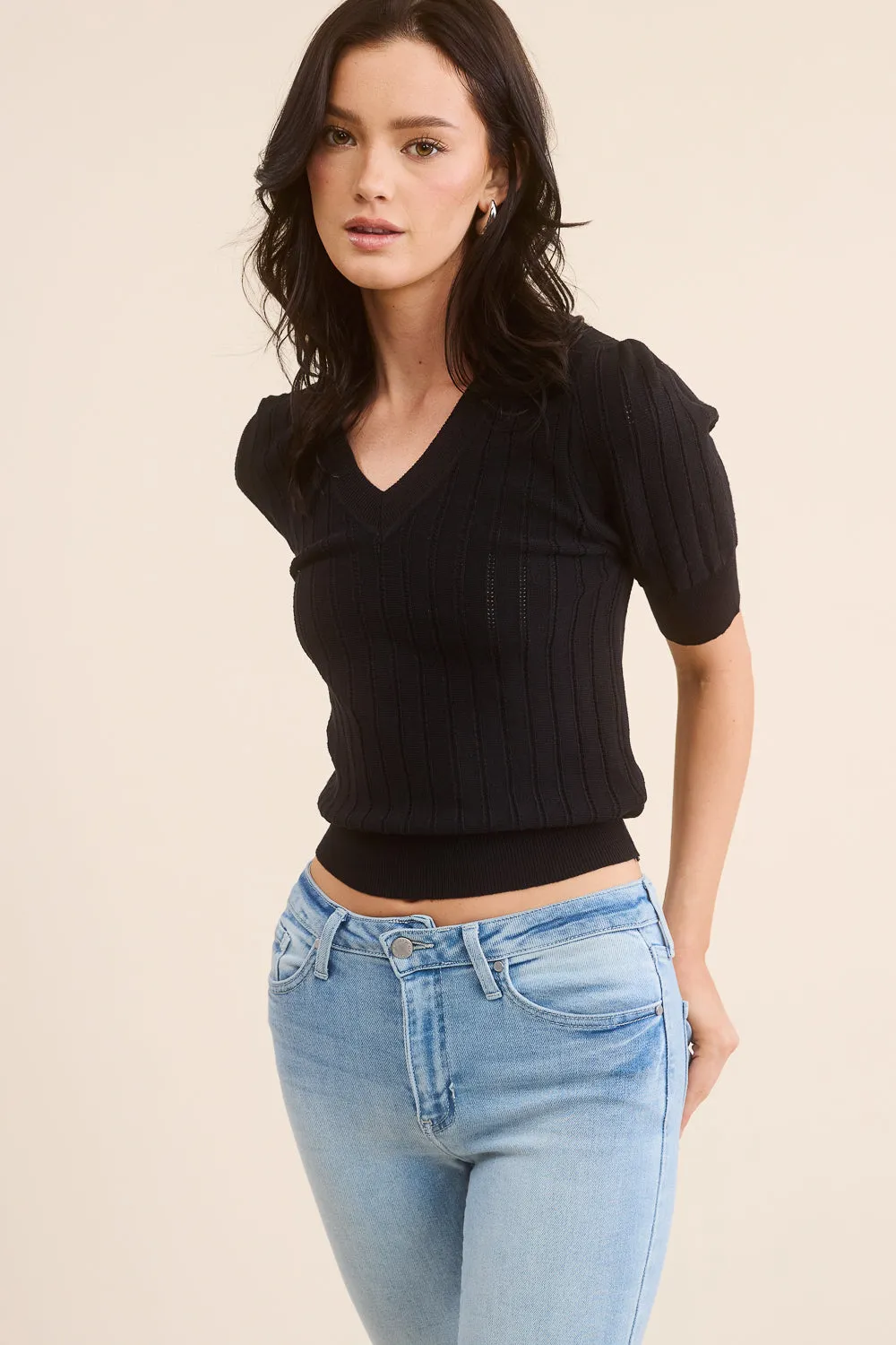 Textured Black V-Neck Top