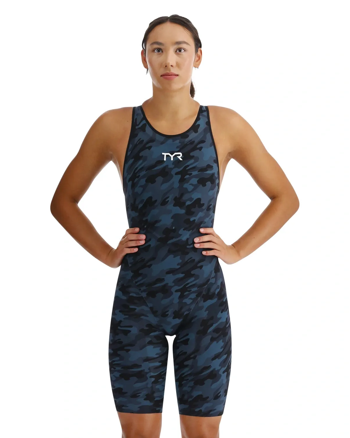 TYR Womens Venzo Open back Racing Swimsuit | Camo | Deep Teal