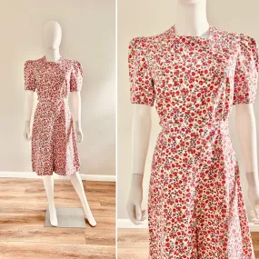 Vintage 1930s Floral Cotton Dress / 30s Puffed Sleeve Dress / Size XS