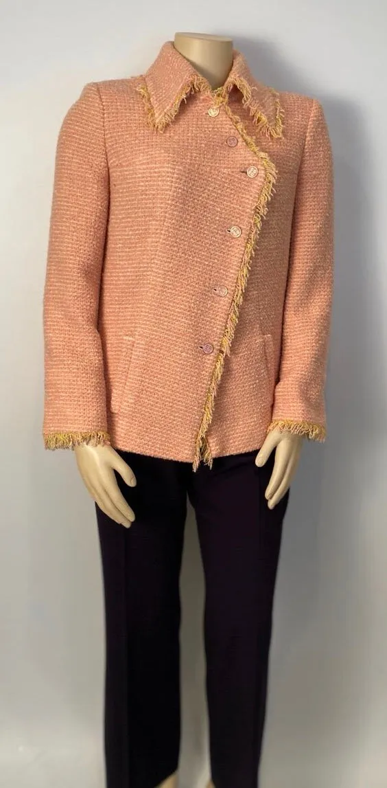 Vintage Chanel 01A, 2001 Fall tweed pink with light yellow Jacket FR 44/46