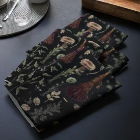 Witches' Broomsticks Cloth Napkins Set of 4 - Botanical Dark Academia Home Decor - Pagan Witchy Gothic Kitchen Table Setup - Goth Gifts