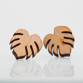 Wood Monstera Leaf Earrings