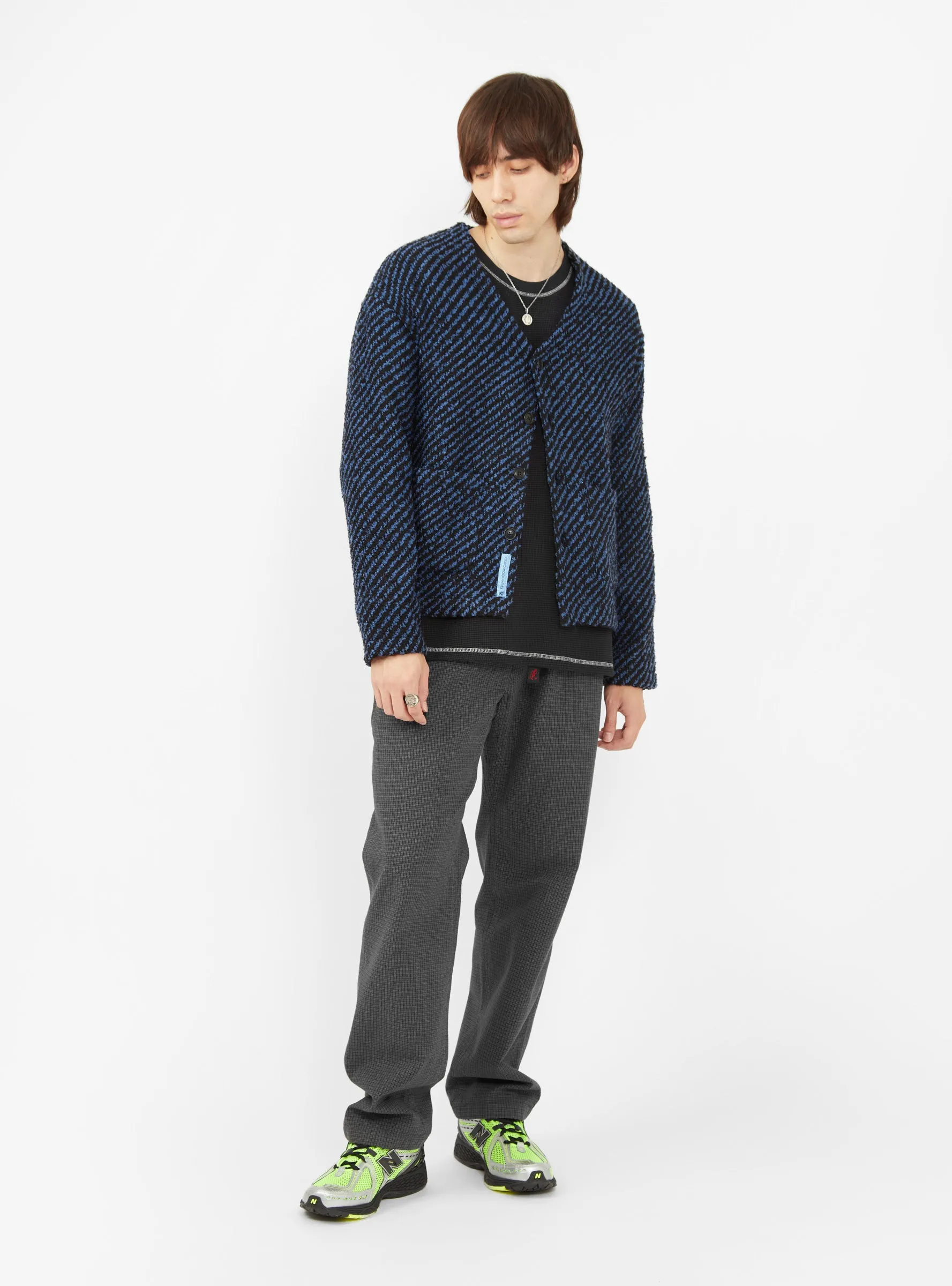 Wool Boucle Cardigan Navy & Black Stripe