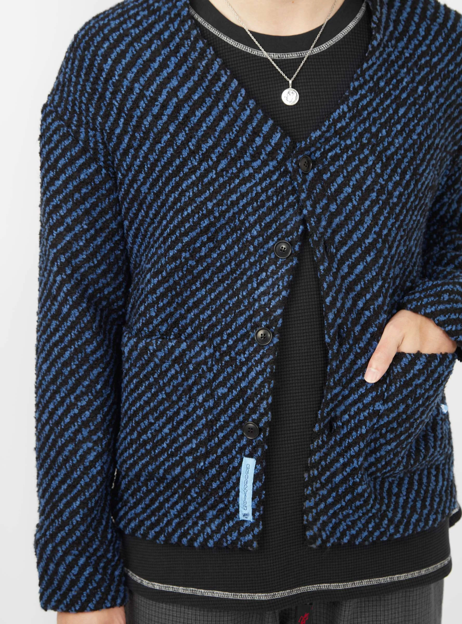 Wool Boucle Cardigan Navy & Black Stripe